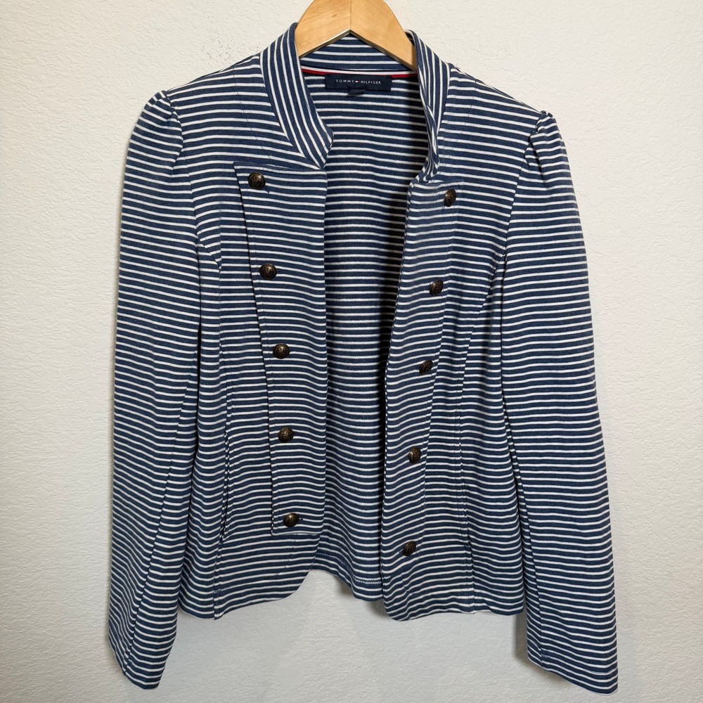 Tommy Hilfiger Blue White Striped Military Knit Blazer Jacket Gold Buttons M